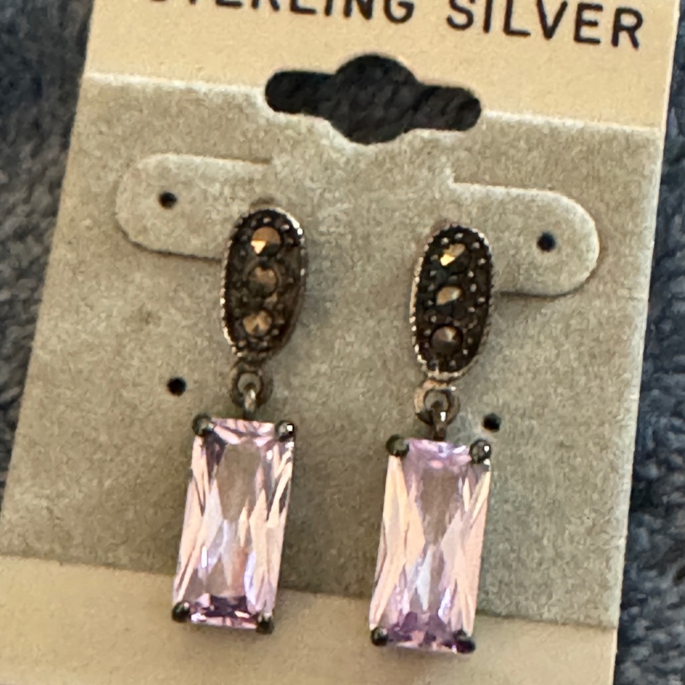 Pink and Silver marcasite Drop Earrings with Sterling Silver. .